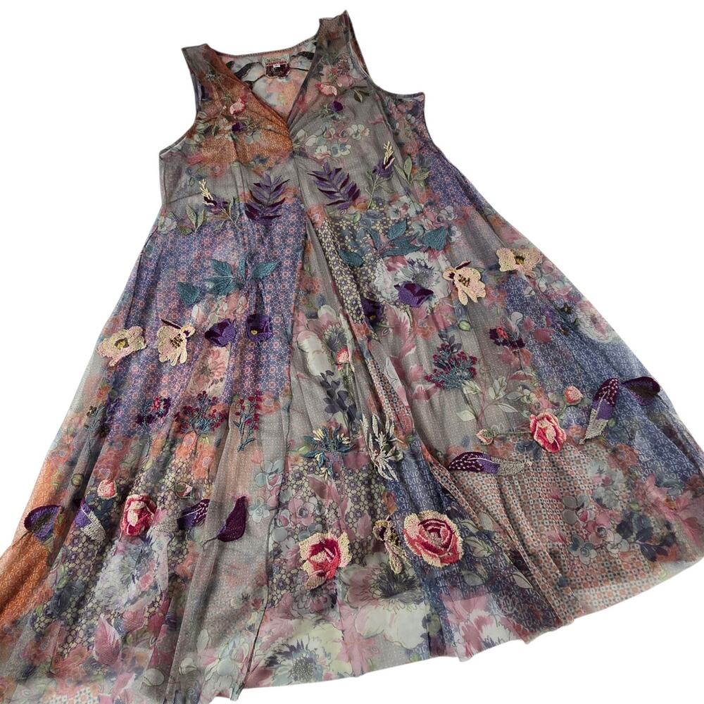 BIYA Johnny Was Arlette Mesh Dress w Slip Embroidered Size XL Midi Floral - Picture 9 of 14
